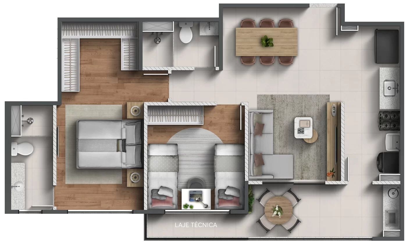 Apartamento Meio | 67m² | 2 Quartos Com Sala e Varanda