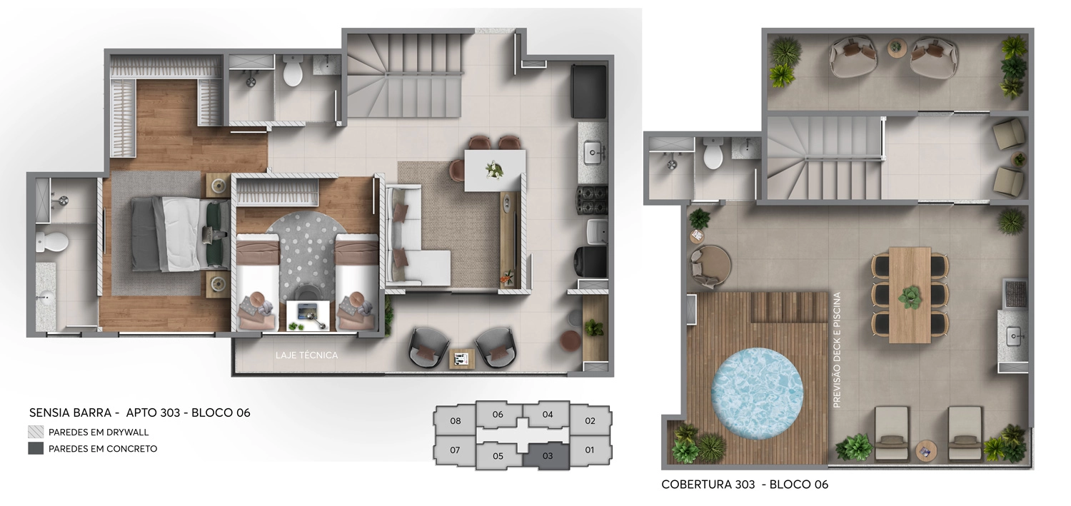 Cobertura Meio | 124,36m² | 2 Quartos Com Sala e Varanda